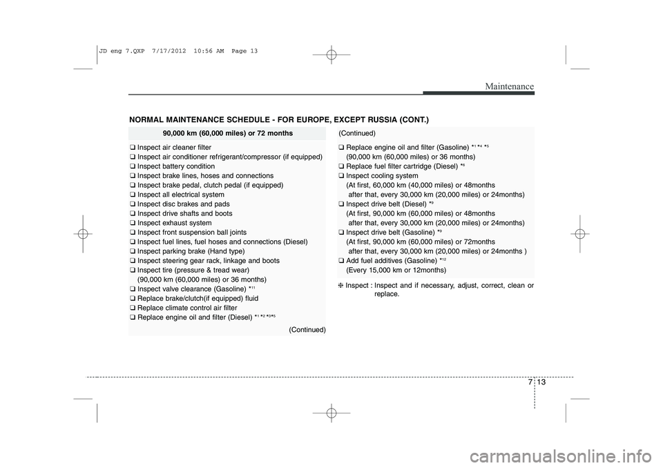 KIA CEED 2013 Owners Manual 713
Maintenance
NORMAL MAINTENANCE SCHEDULE - FOR EUROPE, EXCEPT RUSSIA (CONT.)
90,000 km (60,000 miles) or 72 months
❑ Inspect air cleaner filter
❑ Inspect air conditioner refrigerant/compressor KIA CEED 2013 Owners Manual 713
Maintenance
NORMAL MAINTENANCE SCHEDULE - FOR EUROPE, EXCEPT RUSSIA (CONT.)
90,000 km (60,000 miles) or 72 months
❑ Inspect air cleaner filter
❑ Inspect air conditioner refrigerant/compressor