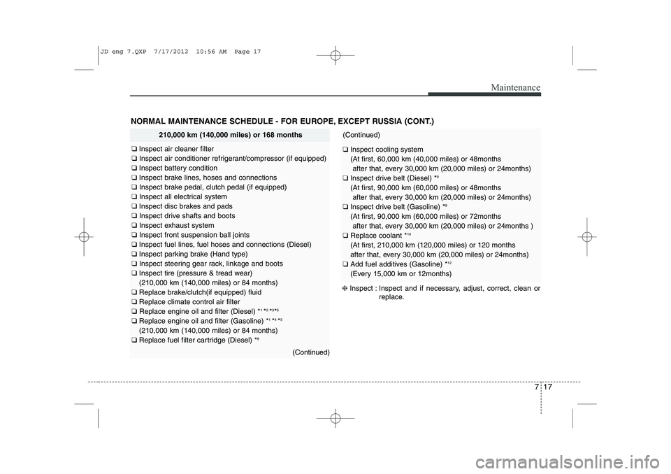 KIA CEED 2013 Owners Manual 717
Maintenance
NORMAL MAINTENANCE SCHEDULE - FOR EUROPE, EXCEPT RUSSIA (CONT.)
210,000 km (140,000 miles) or 168 months
❑ Inspect air cleaner filter
❑ Inspect air conditioner refrigerant/compres KIA CEED 2013 Owners Manual 717
Maintenance
NORMAL MAINTENANCE SCHEDULE - FOR EUROPE, EXCEPT RUSSIA (CONT.)
210,000 km (140,000 miles) or 168 months
❑ Inspect air cleaner filter
❑ Inspect air conditioner refrigerant/compres