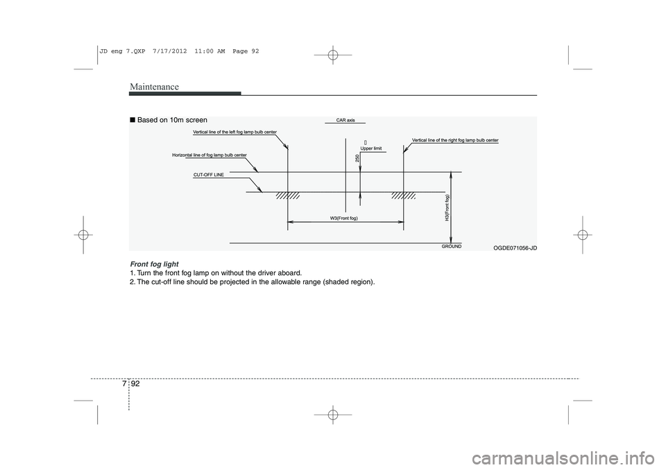 KIA CEED 2013  Owners Manual Maintenance
92
7

OGDE071056-JD
Front fog light 
1. Turn the front fog lamp on without the driver aboard. 
2. The cut-off line should be projected in the allowable range (shaded region).
■
Based on