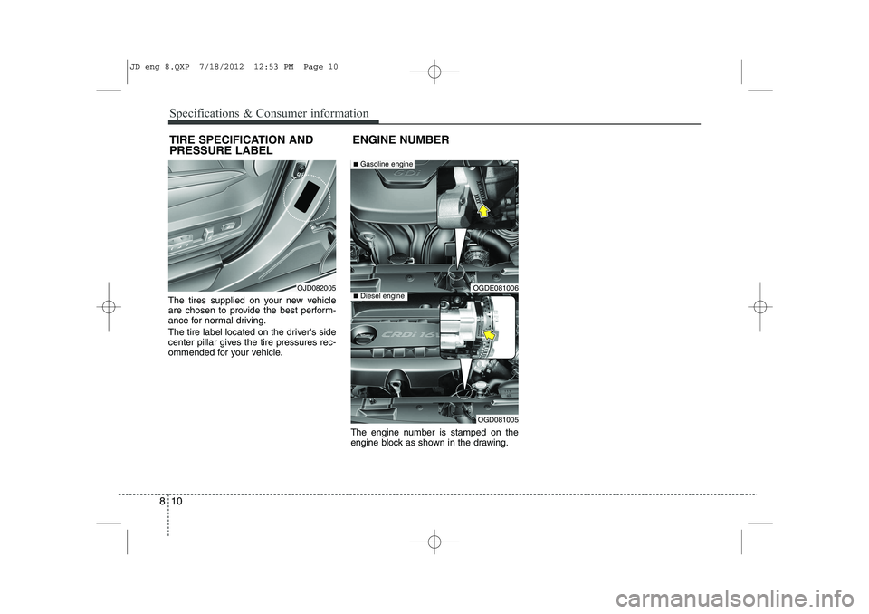 KIA CEED 2013 Owners Manual Specifications & Consumer information
10
8
The tires supplied on your new vehicle
are chosen to provide the best perform-
ance for normal driving.
The tire label located on the drivers side
center KIA CEED 2013 Owners Manual Specifications & Consumer information
10
8
The tires supplied on your new vehicle
are chosen to provide the best perform-
ance for normal driving.
The tire label located on the drivers side
center