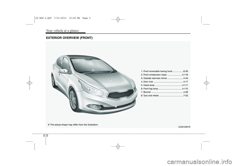 KIA CEED 2013 Owners Manual Your vehicle at a glance
2
2
EXTERIOR OVERVIEW (FRONT)
1. Front removable towing hook .................6-29
2. Front windscreen wiper ........................4-118
3. Outside rearview mirror ........ KIA CEED 2013 Owners Manual Your vehicle at a glance
2
2
EXTERIOR OVERVIEW (FRONT)
1. Front removable towing hook .................6-29
2. Front windscreen wiper ........................4-118
3. Outside rearview mirror ........