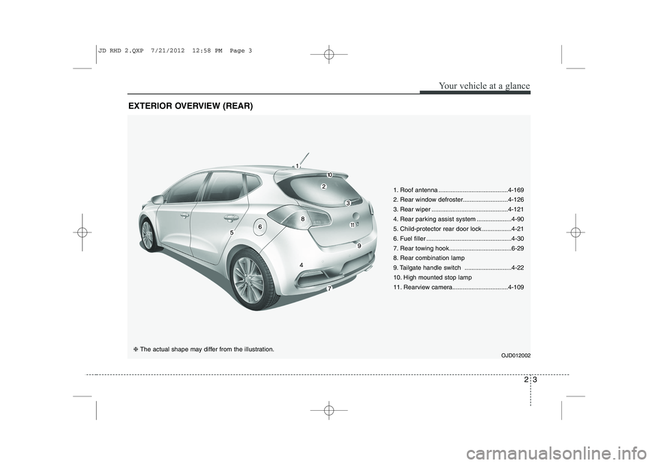 KIA CEED 2013 Owners Manual 23
Your vehicle at a glance
EXTERIOR OVERVIEW (REAR)
1. Roof antenna ........................................4-169
2. Rear window defroster..........................4-126
3. Rear wiper .............. KIA CEED 2013 Owners Manual 23
Your vehicle at a glance
EXTERIOR OVERVIEW (REAR)
1. Roof antenna ........................................4-169
2. Rear window defroster..........................4-126
3. Rear wiper ..............
