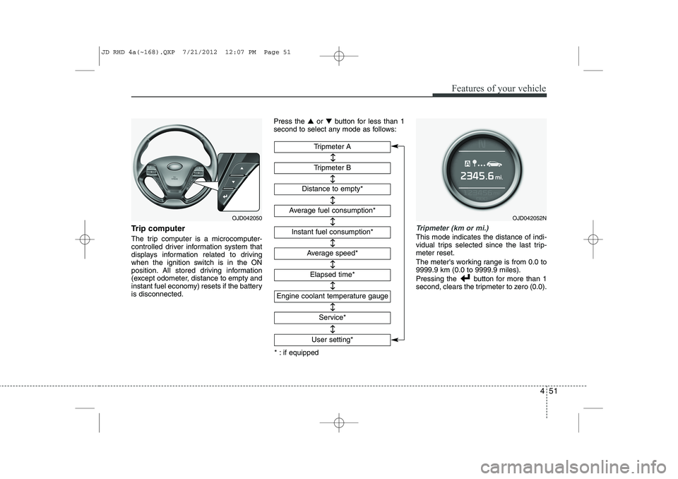 KIA CEED 2013  Owners Manual 451
Features of your vehicle
Trip computer 
The trip computer is a microcomputer- 
controlled driver information system that
displays information related to driving
when the ignition switch is in the 
