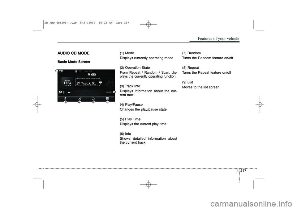 KIA CEED 2013  Owners Manual 4 217
Features of your vehicle
AUDIO CD MODE Basic Mode Screen(1
)Mode
Displays currently operating mode (2 )Operation State
From Repeat / Random / Scan, dis- 
plays the currently operating function (