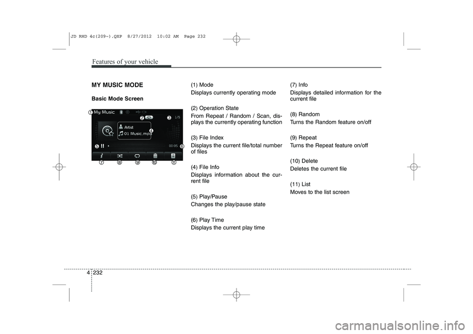 KIA CEED 2013  Owners Manual Features of your vehicle
232
4
MY MUSIC MODE Basic Mode Screen (1
)Mode
Displays currently operating mode (2 )Operation State
From Repeat / Random / Scan, dis- 
plays the currently operating function 