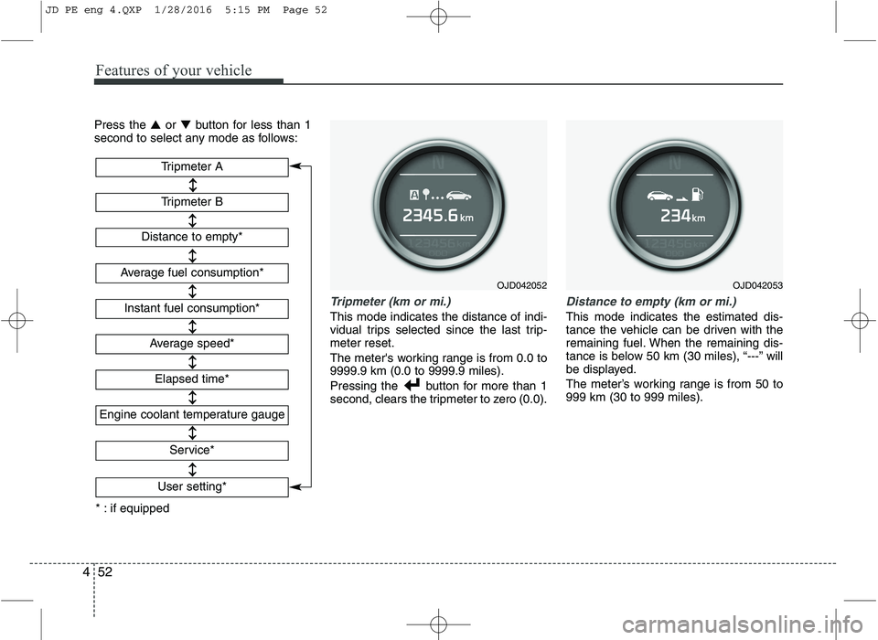 KIA CEED 2016 User Guide Features of your vehicle
52
4
Press the ▲or ▼ button for less than 1
second to select any mode as follows:
Tripmeter (km or mi.)
This mode indicates the distance of indi-
vidual trips selected s KIA CEED 2016 User Guide Features of your vehicle
52
4
Press the ▲or ▼ button for less than 1
second to select any mode as follows:
Tripmeter (km or mi.)
This mode indicates the distance of indi-
vidual trips selected s