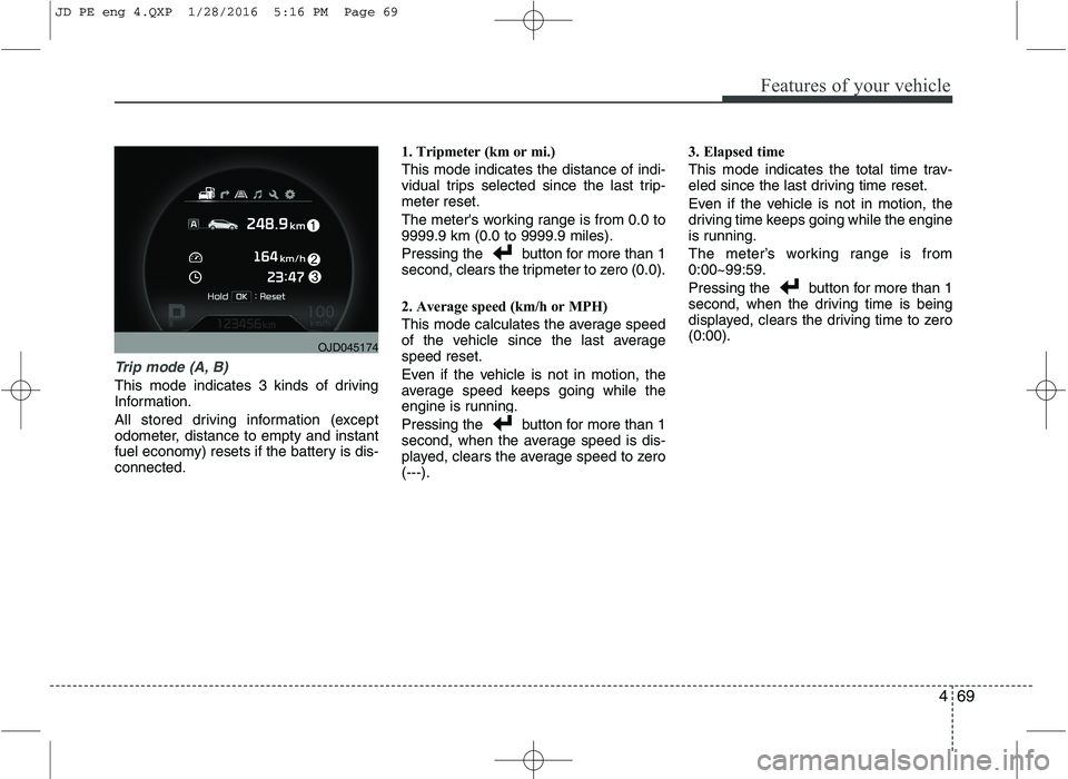 KIA CEED 2016 Owners Manual 469
Features of your vehicle
Trip mode (A, B)
This mode indicates 3 kinds of driving
Information.
All stored driving information (except
odometer, distance to empty and instant
fuel economy) resets KIA CEED 2016 Owners Manual 469
Features of your vehicle
Trip mode (A, B)
This mode indicates 3 kinds of driving
Information.
All stored driving information (except
odometer, distance to empty and instant
fuel economy) resets