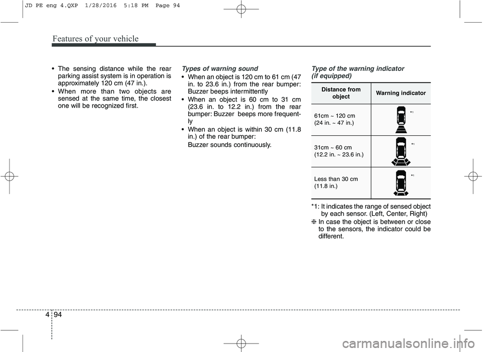 KIA CEED 2016 User Guide Features of your vehicle
94
4
The sensing distance while the rear
parking assist system is in operation is
approximately 120 cm (47 in.).
When more than two objects are sensed at the same time, the KIA CEED 2016 User Guide Features of your vehicle
94
4
The sensing distance while the rear
parking assist system is in operation is
approximately 120 cm (47 in.).
When more than two objects are sensed at the same time, the