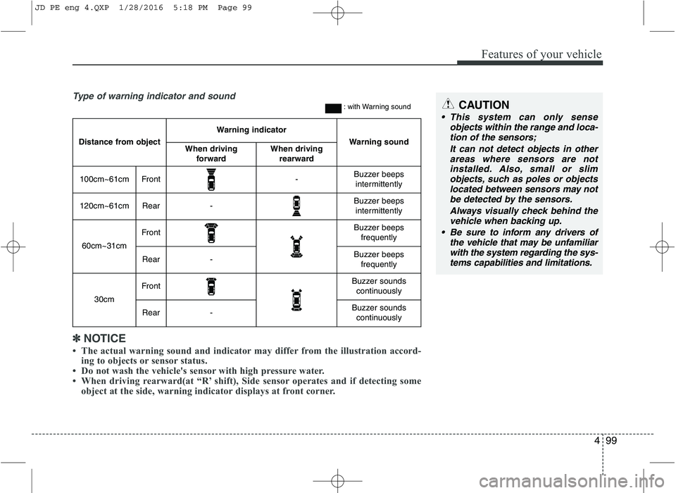 KIA CEED 2016 User Guide 499
Features of your vehicle
✽✽NOTICE
The actual warning sound and indicator may differ from the illustration accord- ing to objects or sensor status.
Do not wash the vehicles sensor with hig KIA CEED 2016 User Guide 499
Features of your vehicle
✽✽NOTICE
The actual warning sound and indicator may differ from the illustration accord- ing to objects or sensor status.
Do not wash the vehicles sensor with hig