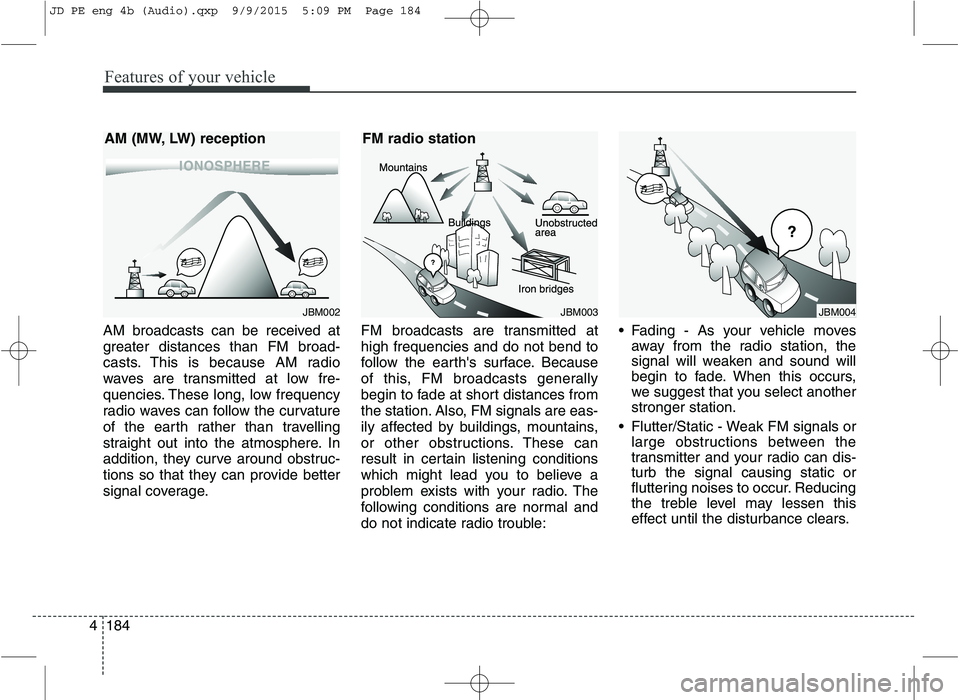 KIA CEED 2016 Owners Manual Features of your vehicle
184
4 AM broadcasts can be received at
greater distances than FM broad-
casts. This is because AM radio
waves are transmitted at low fre-
quencies. These long, low frequency
KIA CEED 2016 Owners Manual Features of your vehicle
184
4 AM broadcasts can be received at
greater distances than FM broad-
casts. This is because AM radio
waves are transmitted at low fre-
quencies. These long, low frequency