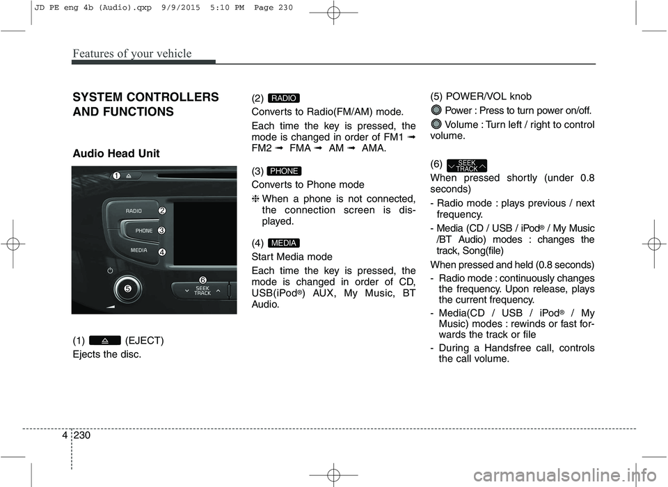 KIA CEED 2016 Owners Manual Features of your vehicle
230
4 SYSTEM CONTROLLERS AND FUNCTIONS
Audio Head Unit (1) (EJECT) Ejects the disc.
(2)
Converts to Radio(FM/AM) mode.
Each time the key is pressed, the mode is changed i KIA CEED 2016 Owners Manual Features of your vehicle
230
4 SYSTEM CONTROLLERS AND FUNCTIONS
Audio Head Unit (1) (EJECT) Ejects the disc.
(2)
Converts to Radio(FM/AM) mode.
Each time the key is pressed, the mode is changed i