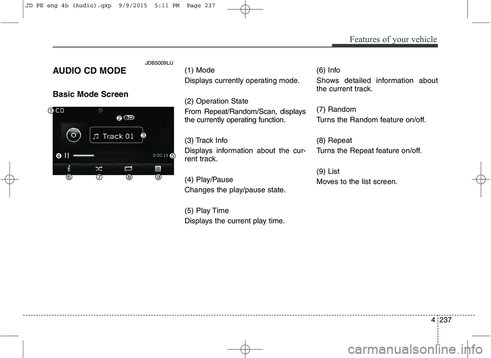 KIA CEED 2016 Manual PDF Features of your vehicle
4237
AUDIO CD MODE Basic Mode Screen
(1) Mode
Displays currently operating mode.
(2) Operation State
From Repeat/Random/Scan, displays
the currently operating function.
( KIA CEED 2016 Manual PDF Features of your vehicle
4237
AUDIO CD MODE Basic Mode Screen
(1) Mode
Displays currently operating mode.
(2) Operation State
From Repeat/Random/Scan, displays
the currently operating function.
(