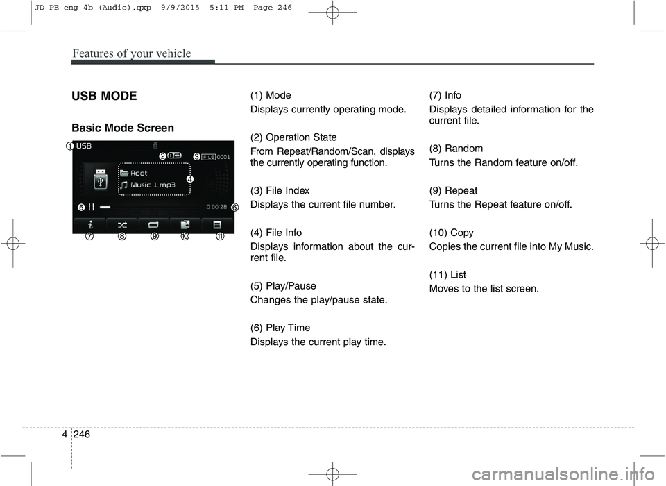 KIA CEED 2016 Manual Online Features of your vehicle
246
4 USB MODE Basic Mode Screen
(1) Mode
Displays currently operating mode.
(2) Operation State
From Repeat/Random/Scan, displays
the currently operating function.
(3) KIA CEED 2016 Manual Online Features of your vehicle
246
4 USB MODE Basic Mode Screen
(1) Mode
Displays currently operating mode.
(2) Operation State
From Repeat/Random/Scan, displays
the currently operating function.
(3)