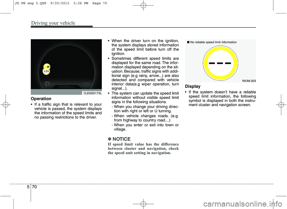 KIA CEED 2016 Owners Manual Driving your vehicle
70
5
Operation
If a traffic sign that is relevant to your
vehicle is passed, the system displays
the information of the speed limits and
no passing restrictions to the driver. KIA CEED 2016 Owners Manual Driving your vehicle
70
5
Operation
If a traffic sign that is relevant to your
vehicle is passed, the system displays
the information of the speed limits and
no passing restrictions to the driver.
