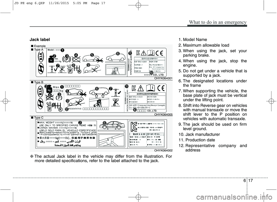 KIA CEED 2016 Owners Manual 617
What to do in an emergency
Jack label1. Model Name
2. Maximum allowable load
3. When using the jack, set your
parking brake.
4. When using the jack, stop the engine.
5. Do not get under a vehicle KIA CEED 2016 Owners Manual 617
What to do in an emergency
Jack label1. Model Name
2. Maximum allowable load
3. When using the jack, set your
parking brake.
4. When using the jack, stop the engine.
5. Do not get under a vehicle