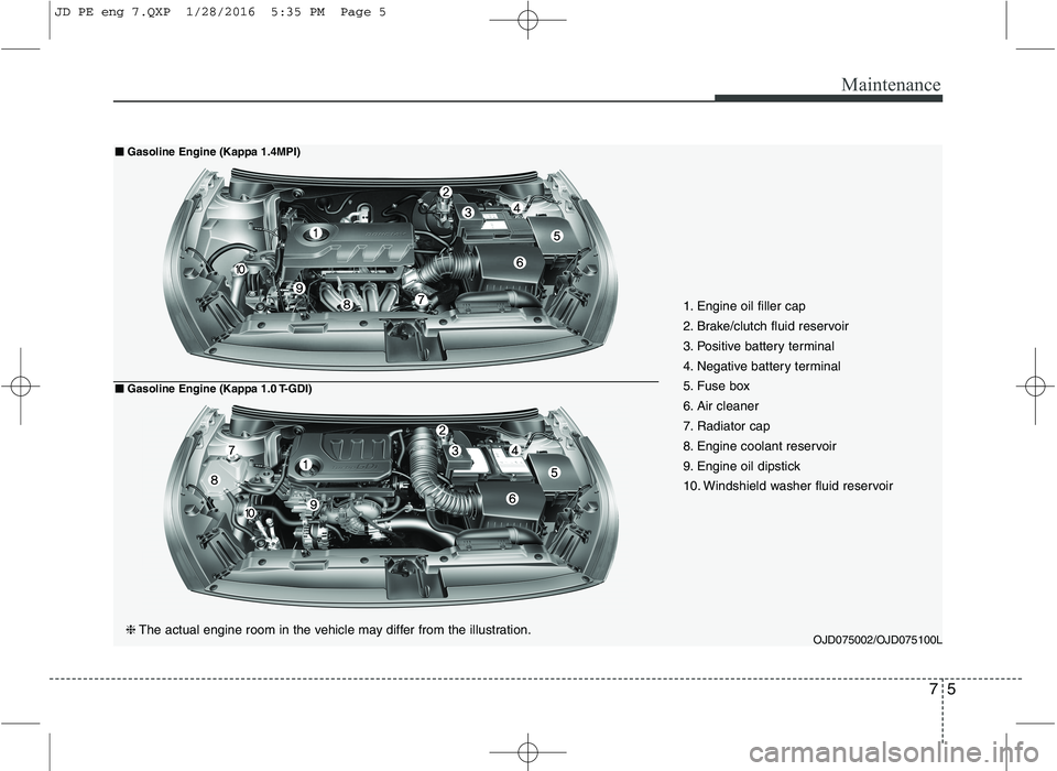 KIA CEED 2016 Owners Manual 75
Maintenance
OJD075002/OJD075100L
❈
The actual engine room in the vehicle may differ from the illustration. 1. Engine oil filler cap
2. Brake/clutch fluid reservoir
3. Positive battery terminal
4 KIA CEED 2016 Owners Manual 75
Maintenance
OJD075002/OJD075100L
❈
The actual engine room in the vehicle may differ from the illustration. 1. Engine oil filler cap
2. Brake/clutch fluid reservoir
3. Positive battery terminal
4