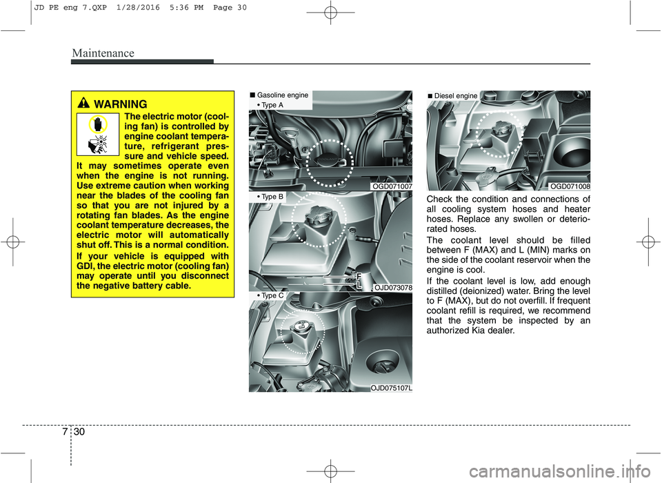 KIA CEED 2016  Owners Manual Maintenance
30
7
Check the condition and connections of all cooling system hoses and heater
hoses. Replace any swollen or deterio-
rated hoses. 
The coolant level should be filled 
between F (MAX) and