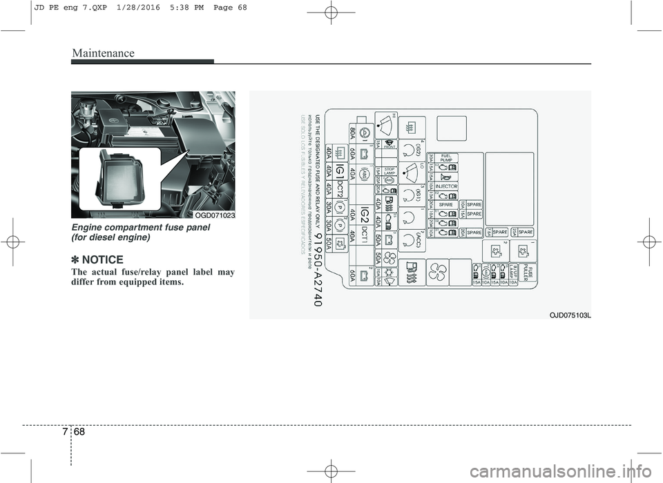KIA CEED 2016 User Guide Maintenance
68
7
Engine compartment fuse panel
(for diesel engine)
✽✽ NOTICE
The actual fuse/relay panel label may
differ from equipped items.
OGD071023
OJD075103L
JD PE eng 7.QXP 1/28/2016 5: KIA CEED 2016 User Guide Maintenance
68
7
Engine compartment fuse panel
(for diesel engine)
✽✽ NOTICE
The actual fuse/relay panel label may
differ from equipped items.
OGD071023
OJD075103L
JD PE eng 7.QXP 1/28/2016 5: