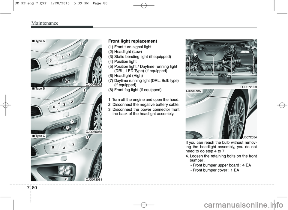 KIA CEED 2016  Owners Manual Maintenance
80
7
Front light replacement 
(1) Front turn signal light 
(2) Headlight (Low)(3) Static bending light (if equipped)
(4) Position light
(5) Position light / Daytime running light
(DRL, LED