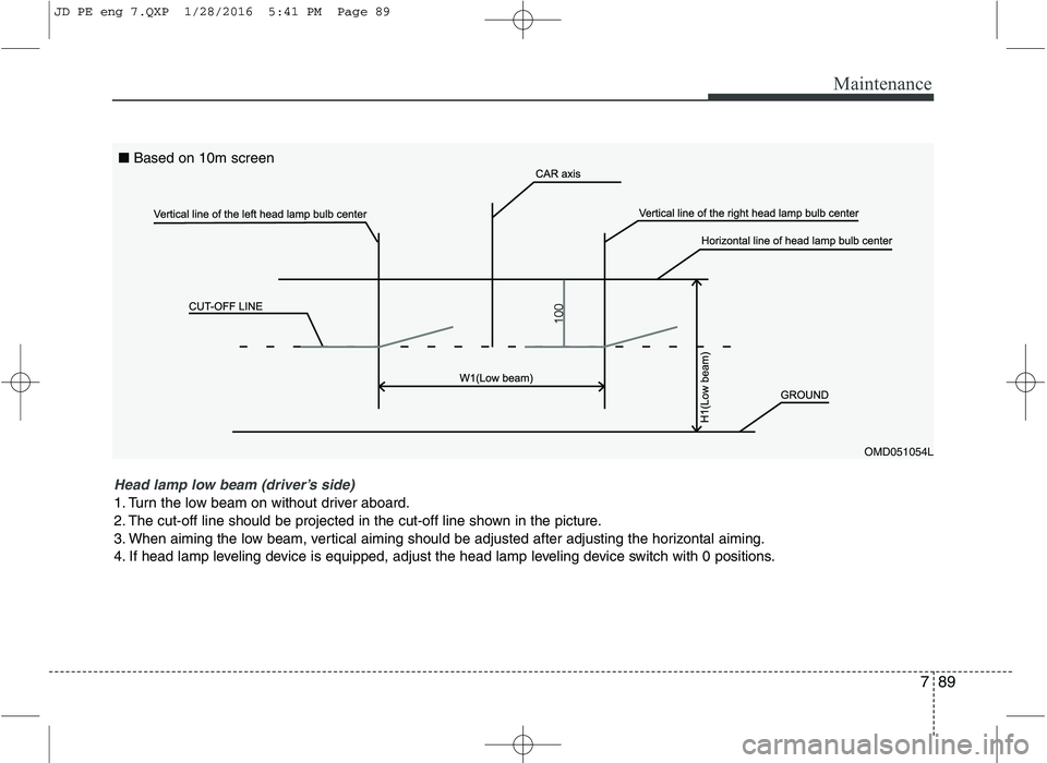 KIA CEED 2016  Owners Manual 789
Maintenance
OMD051054L
Head lamp low beam (driver’s side) 
1. Turn the low beam on without driver aboard. 
2. The cut-off line should be projected in the cut-off line shown in the picture.
3. Wh