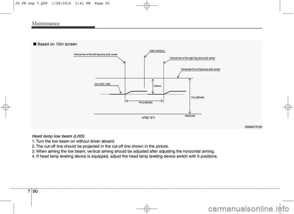 KIA CEED 2016  Owners Manual Maintenance
90
7
OXM073102
Head lamp low beam (LHD)
1. Turn the low beam on without driver aboard. 
2. The cut-off line should be projected in the cut-off line shown in the picture.
3. When aiming the