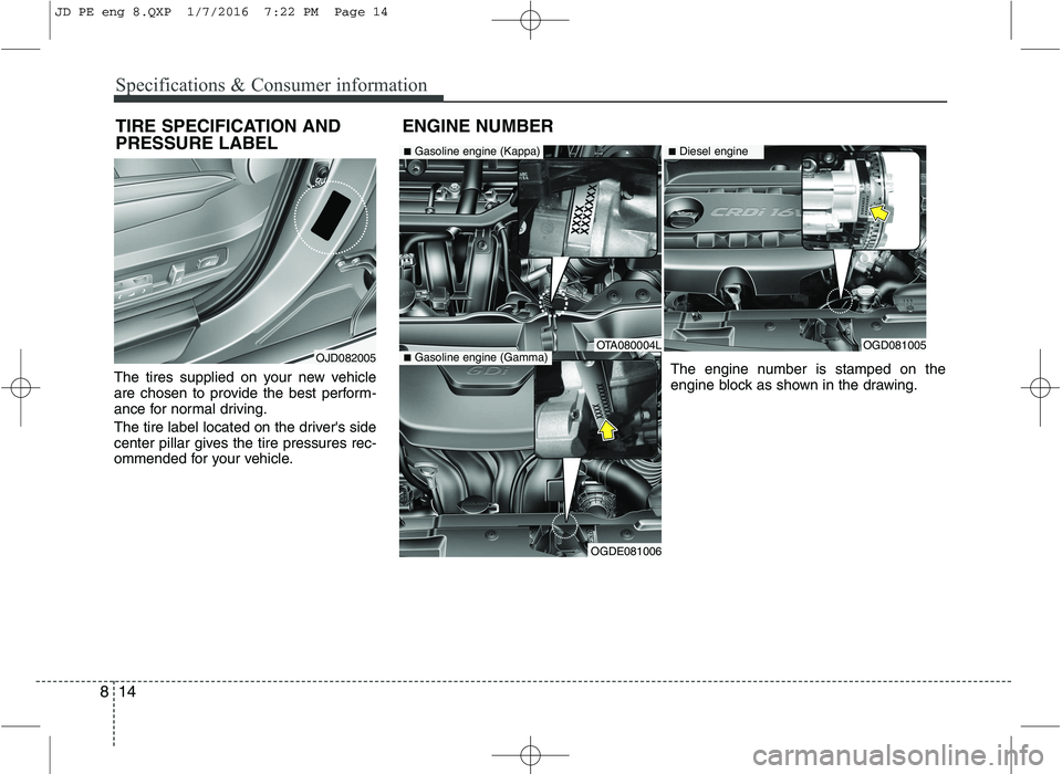 KIA CEED 2016 Owners Manual Specifications & Consumer information
14
8
The tires supplied on your new vehicle
are chosen to provide the best perform-
ance for normal driving.
The tire label located on the drivers side
center KIA CEED 2016 Owners Manual Specifications & Consumer information
14
8
The tires supplied on your new vehicle
are chosen to provide the best perform-
ance for normal driving.
The tire label located on the drivers side
center