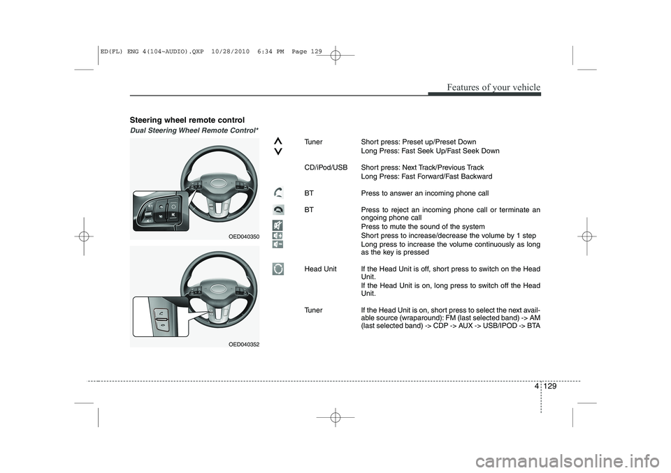 KIA CEED 2011  Owners Manual 4 129
Features of your vehicle
Steering wheel remote control
Dual Steering Wheel Remote Control*
Tuner Short press: Preset up/Preset DownLong Press: Fast Seek Up/Fast Seek Down
CD/iPod/USB Short press