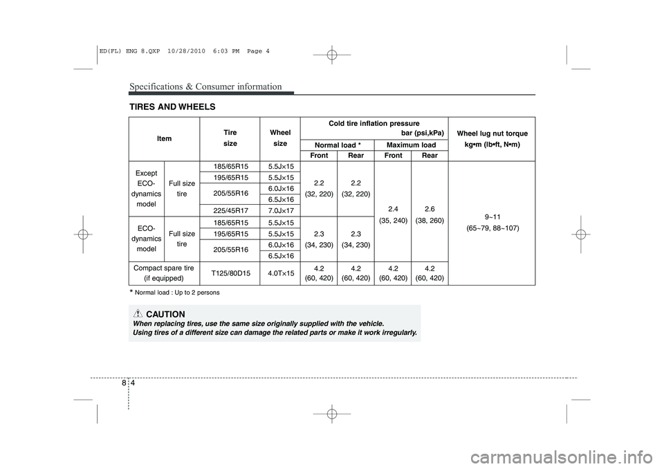 KIA CEED 2011 Owners Manual Specifications & Consumer information
4
8
TIRES AND WHEELS
* Normal load : Up to 2 persons
CAUTION
When replacing tires, use the same size originally supplied with the vehicle.
Using tires of a differ KIA CEED 2011 Owners Manual Specifications & Consumer information
4
8
TIRES AND WHEELS
* Normal load : Up to 2 persons
CAUTION
When replacing tires, use the same size originally supplied with the vehicle.
Using tires of a differ