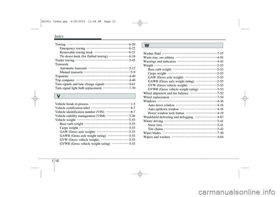KIA CEED 2011 Owners Manual Index
10
I
Towing ···········································································6-20
Emergency towing ···· KIA CEED 2011 Owners Manual Index
10
I
Towing ···········································································6-20
Emergency towing ····Â
