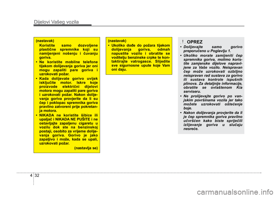 KIA CEED SPORTWAGON 2014 Owners Manual Dijelovi Vašeg vozila
324
Dijelovi Vašeg vozila
(nastavak)Koristite samo dozvoljene
plastične spremnike koji su
namijenjeni nošenju i čuvanju
goriva.
• Ne koristite mobilne telefone tijekom dol KIA CEED SPORTWAGON 2014 Owners Manual Dijelovi Vašeg vozila
324
Dijelovi Vašeg vozila
(nastavak)Koristite samo dozvoljene
plastične spremnike koji su
namijenjeni nošenju i čuvanju
goriva.
• Ne koristite mobilne telefone tijekom dol
