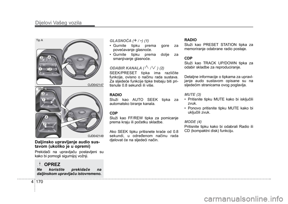 KIA CEED SPORTWAGON 2014 Owners Manual Dijelovi Vašeg vozila
1704
Daljinsko upravljanje audio sus-
tavom (ukoliko je u opremi)
Prekidači na upravljaču postavljeni su
kako bi pomogli sigurnijoj vožnji. GLASNOĆA (
+/ -) (1)
• Gurnite KIA CEED SPORTWAGON 2014 Owners Manual Dijelovi Vašeg vozila
1704
Daljinsko upravljanje audio sus-
tavom (ukoliko je u opremi)
Prekidači na upravljaču postavljeni su
kako bi pomogli sigurnijoj vožnji. GLASNOĆA (
+/ -) (1)
• Gurnite