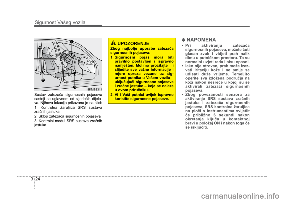 KIA CEED SPORTWAGON 2014 Service Manual Sigurnost Vašeg vozila
243
Sustav zatezača sigurnosnih pojaseva
sastoji se uglavnom od sljedećih dijelo-
va. Njihova lokacija prikazana je na slici:
1. Kontrolna žaruljica SRS sustava
zračnih jas KIA CEED SPORTWAGON 2014 Service Manual Sigurnost Vašeg vozila
243
Sustav zatezača sigurnosnih pojaseva
sastoji se uglavnom od sljedećih dijelo-
va. Njihova lokacija prikazana je na slici:
1. Kontrolna žaruljica SRS sustava
zračnih jas