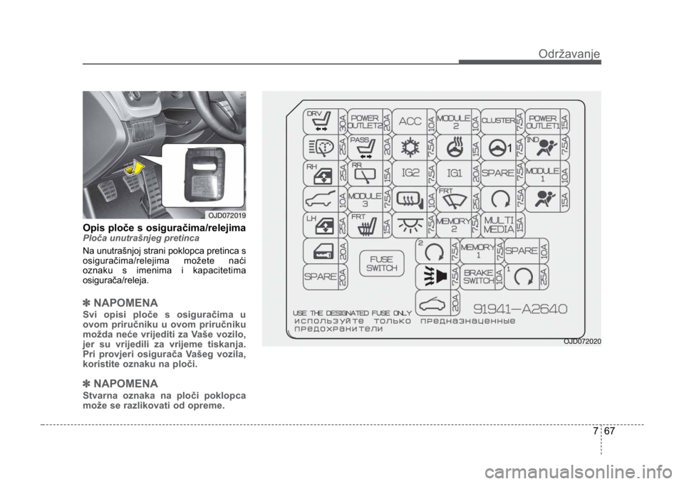 KIA CEED SPORTWAGON 2014 Owners Manual 767
Održavanje
Opis ploče s osiguračima/relejimaPloča unutrašnjeg pretinca
Na unutrašnjoj strani poklopca pretinca s
osiguračima/relejima možete naći
oznaku s imenima i kapacitetima
osigurač KIA CEED SPORTWAGON 2014 Owners Manual 767
Održavanje
Opis ploče s osiguračima/relejimaPloča unutrašnjeg pretinca
Na unutrašnjoj strani poklopca pretinca s
osiguračima/relejima možete naći
oznaku s imenima i kapacitetima
osigurač