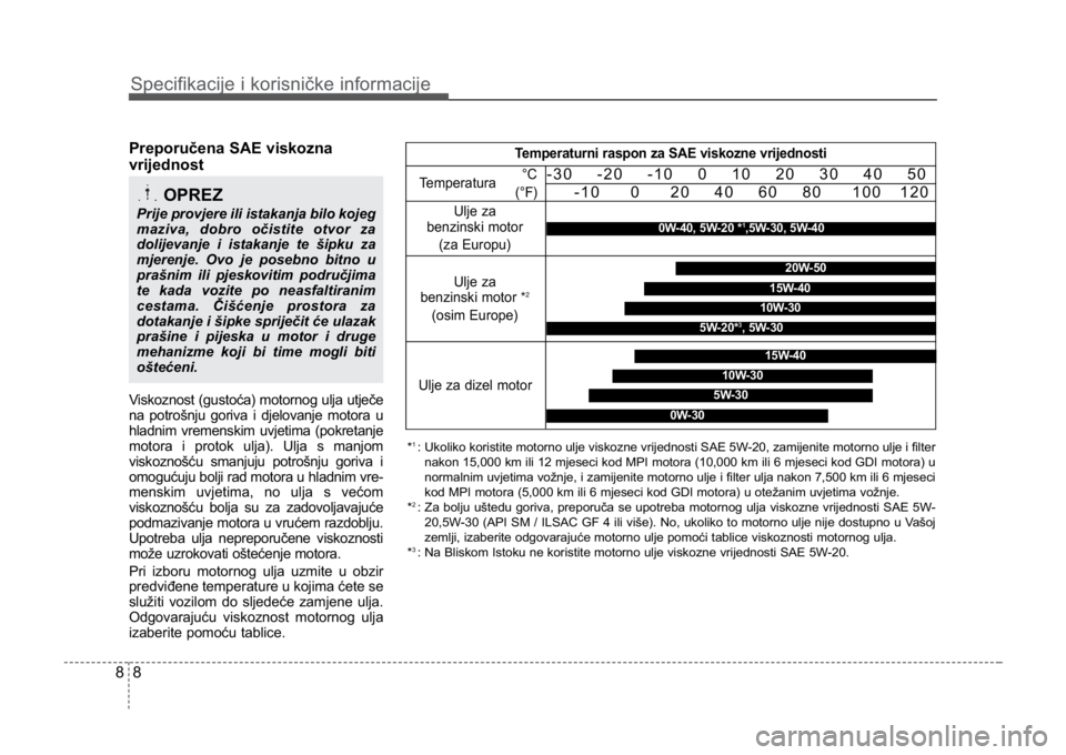 KIA CEED SPORTWAGON 2014 Owners Manual Specifikacije i korisničke informacije
88
Preporučena SAE viskozna
vrijednost
Viskoznost (gustoća) motornog ulja utječe
na potrošnju goriva i djelovanje motora u
hladnim vremenskim uvjetima (pokr KIA CEED SPORTWAGON 2014 Owners Manual Specifikacije i korisničke informacije
88
Preporučena SAE viskozna
vrijednost
Viskoznost (gustoća) motornog ulja utječe
na potrošnju goriva i djelovanje motora u
hladnim vremenskim uvjetima (pokr
