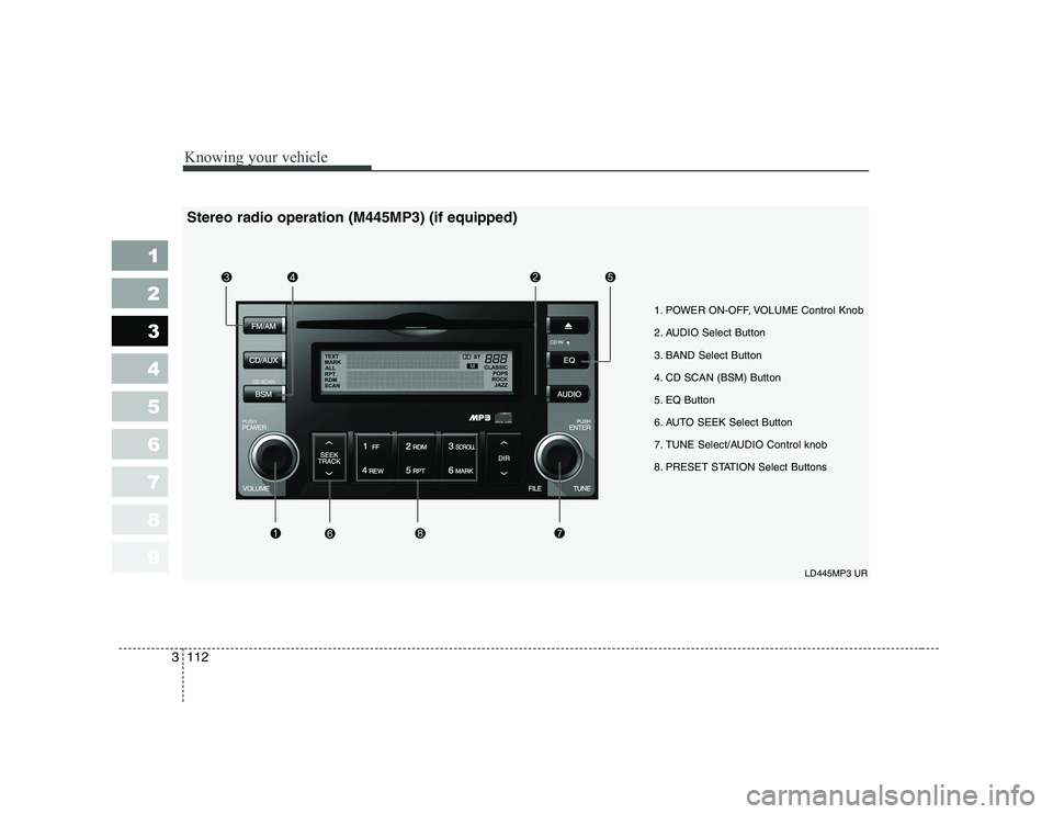KIA CERATO 2007 Owners Manual Knowing your vehicle
112
3
1 23456789
1. POWER ON-OFF, VOLUME Control Knob
2. AUDIO Select Button
3. BAND Select Button
4. CD SCAN (BSM) Button
5. EQ Button
6. AUTO SEEK Select Button
7. TUNE Select/ KIA CERATO 2007 Owners Manual Knowing your vehicle
112
3
1 23456789
1. POWER ON-OFF, VOLUME Control Knob
2. AUDIO Select Button
3. BAND Select Button
4. CD SCAN (BSM) Button
5. EQ Button
6. AUTO SEEK Select Button
7. TUNE Select/