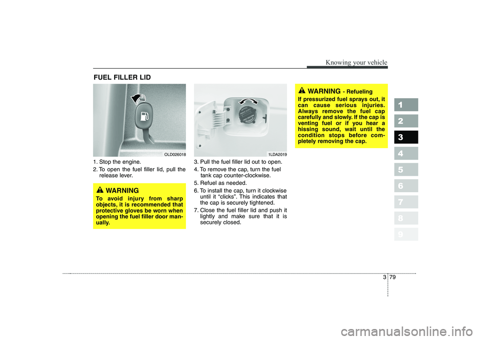 KIA CERATO 2007  Owners Manual 379
1 23456789
Knowing your vehicle
1. Stop the engine. 
2. To open the fuel filler lid, pull therelease lever. 3. Pull the fuel filler lid out to open.
4. To remove the cap, turn the fuel
tank cap co