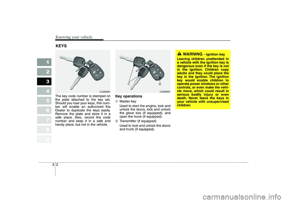 KIA CERATO 2006 User Guide Knowing your vehicle
2
3
1 23456789
The key code number is stamped on 
the plate attached to the key set.
Should you lose your keys, this num-
ber will enable an authorized Kia
Dealer to duplicate the