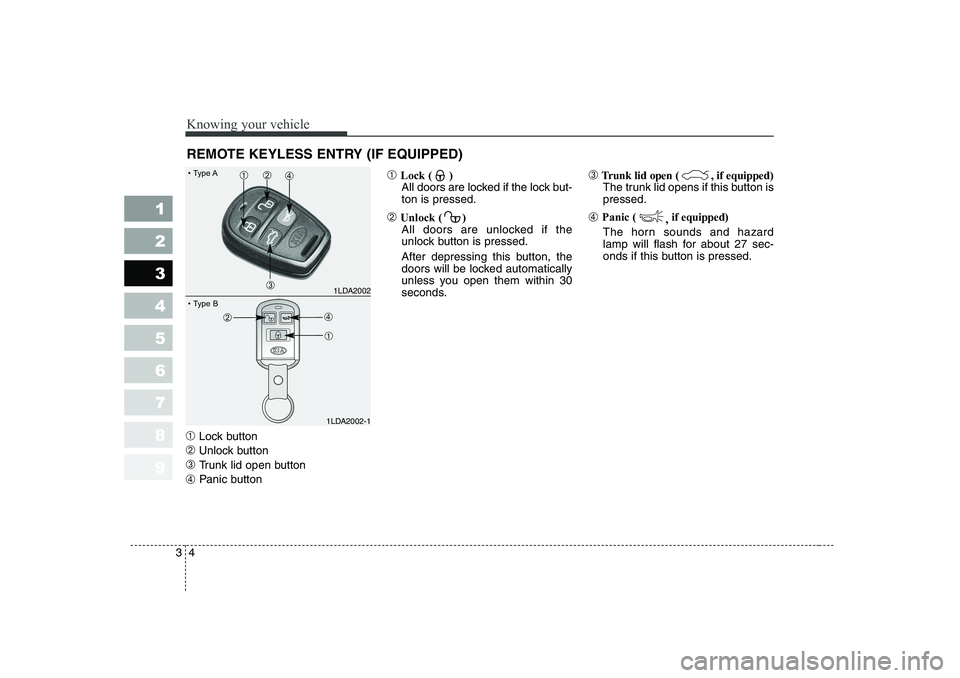 KIA CERATO 2006 User Guide Knowing your vehicle
4
3
1 23456789
➀ Lock button
➁ Unlock button
➂  Trunk lid open button
➃ Panic button ➀
Lock ( )
All doors are locked if the lock but- ton is pressed.
➁ Unlock ( )
All 