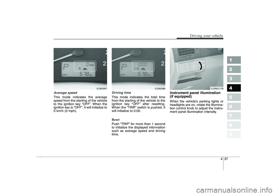 KIA CERATO 2006  Owners Manual 437
1 23456789
Driving your vehicle
Average speed
This mode indicates the average 
speed from the starting of the vehicle
to the ignition key “OFF ”. When the
ignition key is  “OFF ”, it will 