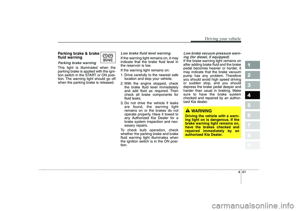 KIA CERATO 2006  Owners Manual 441
1 23456789
Driving your vehicle
Parking brake & brake fluid warning 
Parking brake warning 
This light is illuminated when the 
parking brake is applied with the igni-
tion switch in the START or 