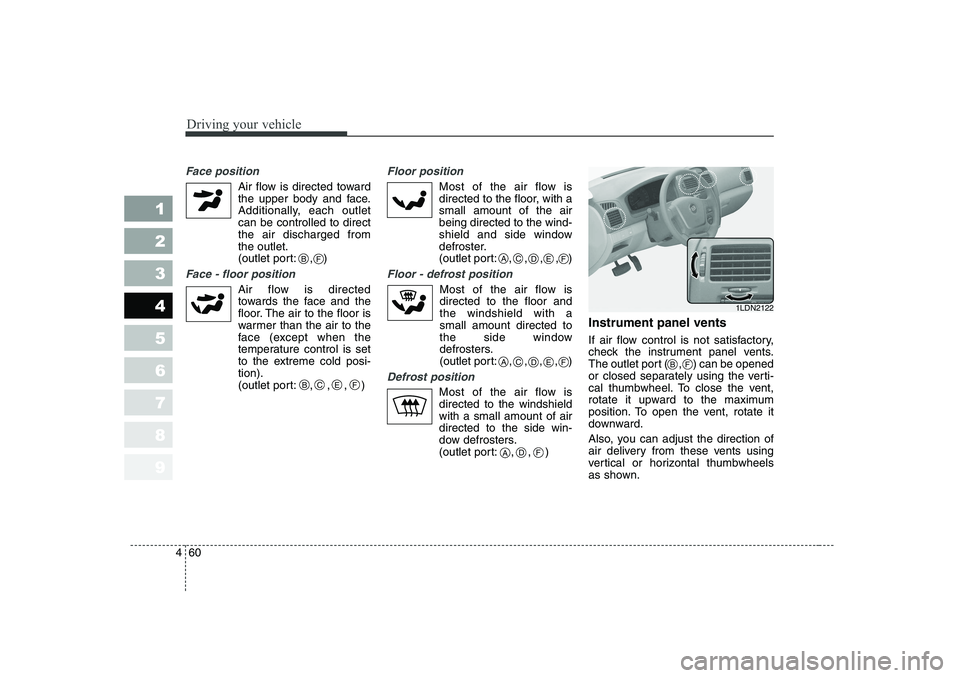 KIA CERATO 2006 Owners Manual Driving your vehicle
60
4
1 23456789
Face position
Air flow is directed toward
the upper body and face.
Additionally, each outletcan be controlled to directthe air discharged fromthe outlet.
(outlet KIA CERATO 2006 Owners Manual Driving your vehicle
60
4
1 23456789
Face position
Air flow is directed toward
the upper body and face.
Additionally, each outletcan be controlled to directthe air discharged fromthe outlet.
(outlet