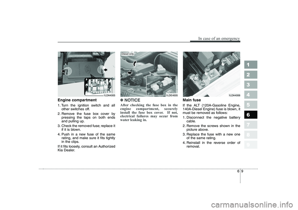 KIA CERATO 2006  Owners Manual 69
In case of an emergency
Engine compartment 
1. Turn the ignition switch and allother switches off.
2. Remove the fuse box cover by pressing the taps on both ends 
and pulling up.
3. Check the remov