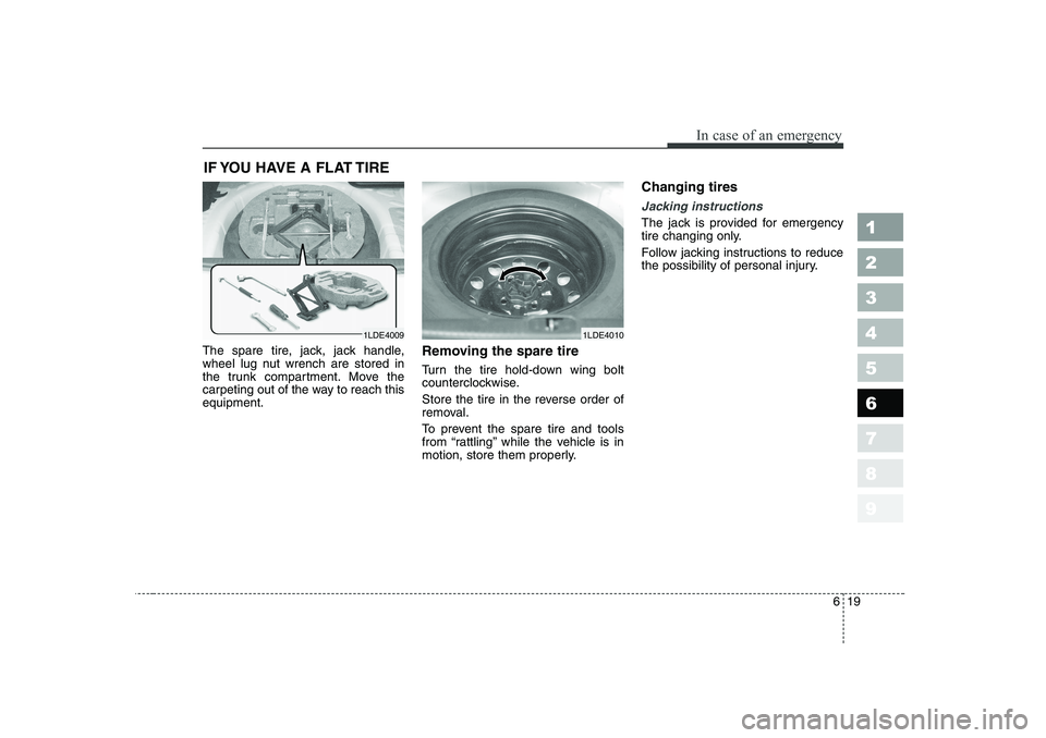 KIA CERATO 2006  Owners Manual 619
In case of an emergency
1 23456789
IF YOU HAVE A FLAT TIRE 
The spare tire, jack, jack handle, 
wheel lug nut wrench are stored in
the trunk compartment. Move the
carpeting out of the way to reach