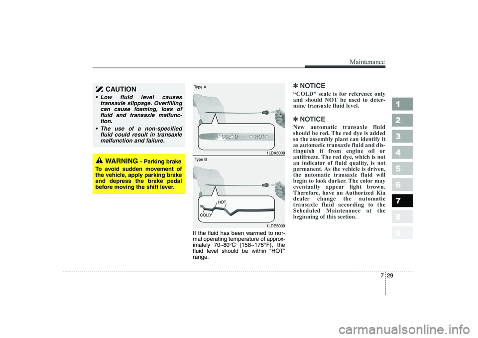 KIA CERATO 2006  Owners Manual 729
Maintenance
1 23456789
If the fluid has been warmed to nor- 
mal operating temperature of approx-
imately 70~80°C (158~176°F), the
fluid level should be within “HOT”
range.
✽✽ NOTICE
“