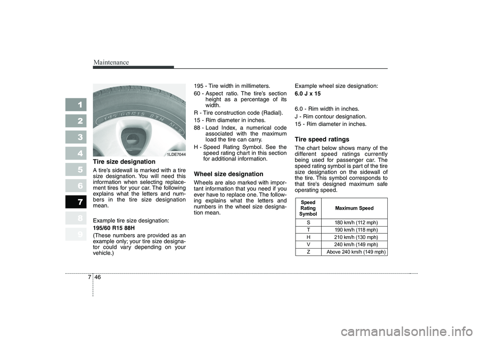 KIA CERATO 2006 Owners Manual Maintenance
46
7
1 23456789
Tire size designation
A tire’s sidewall is marked with a tire
size designation. You will need this
information when selecting replace-
ment tires for your car. The fo KIA CERATO 2006 Owners Manual Maintenance
46
7
1 23456789
Tire size designation
A tire’s sidewall is marked with a tire
size designation. You will need this
information when selecting replace-
ment tires for your car. The fo