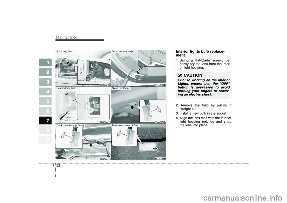KIA CERATO 2006 Owners Manual Maintenance
52
7
1 23456789
Interior lights bulb replace- ment
1. Using a flat-blade screwdriver,
gently pry the lens from the interi- or light housing.
2. Remove the bulb by pulling it straight out. KIA CERATO 2006 Owners Manual Maintenance
52
7
1 23456789
Interior lights bulb replace- ment
1. Using a flat-blade screwdriver,
gently pry the lens from the interi- or light housing.
2. Remove the bulb by pulling it straight out.
