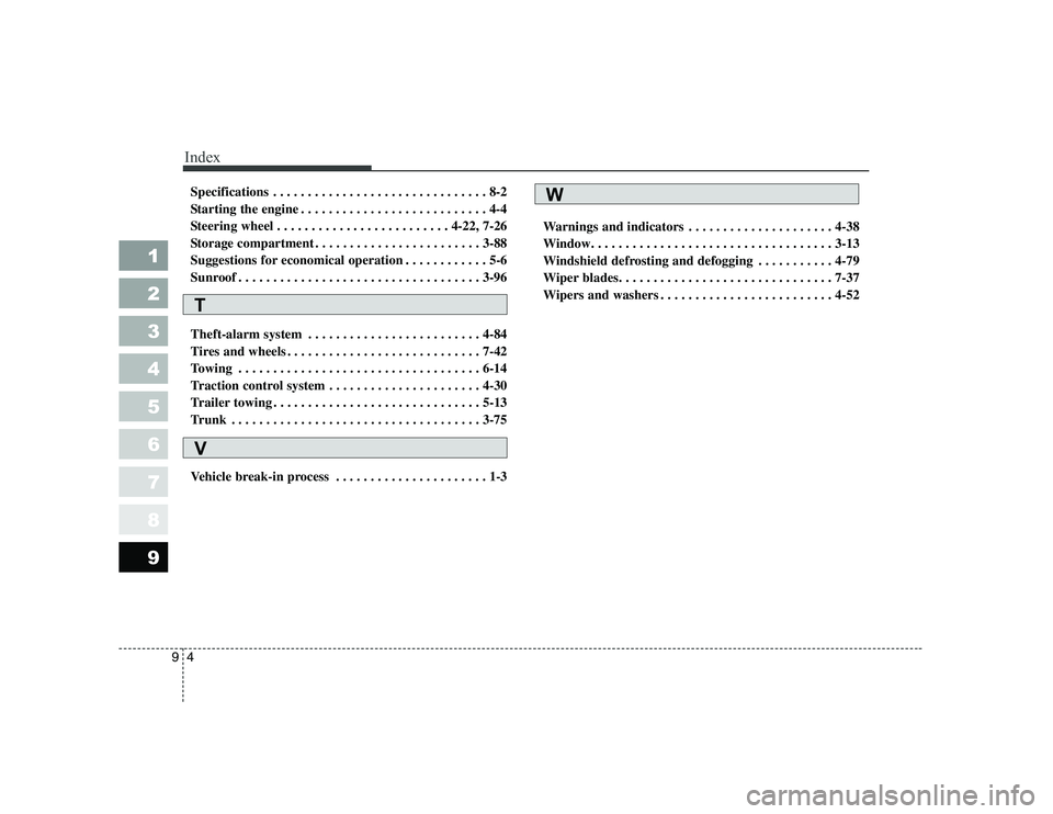 KIA CERATO 2006  Owners Manual Index
4
9
1 23456789
Specifications . . . . . . . . . . . . . . . . . . . . . . . . . . . . . . . 8-2 
Starting the engine . . . . . . . . . . . . . . . . . . . . . . . . . . . 4-4
Steering wheel . . 