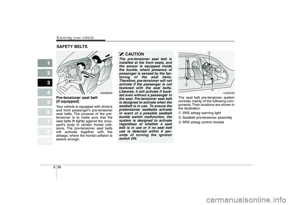 KIA CERATO 2006 Service Manual Knowing your vehicle
30
3
1 23456789
Pre-tensioner seat belt (if equipped)
Your vehicle is equipped with driver’s
and front passenger’s pre-tensioner
seat belts. The purpose of the pre-
tension KIA CERATO 2006 Service Manual Knowing your vehicle
30
3
1 23456789
Pre-tensioner seat belt (if equipped)
Your vehicle is equipped with driver’s
and front passenger’s pre-tensioner
seat belts. The purpose of the pre-
tension