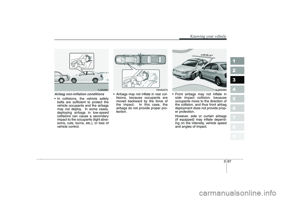 KIA CERATO 2006 Manual PDF 367
1 23456789
Knowing your vehicle
Airbag non-inflation conditions
In collisions, the vehicle safetybelts are sufficient to protect the
vehicle occupants and the airbags
may not deploy. In some ca KIA CERATO 2006 Manual PDF 367
1 23456789
Knowing your vehicle
Airbag non-inflation conditions
In collisions, the vehicle safetybelts are sufficient to protect the
vehicle occupants and the airbags
may not deploy. In some ca