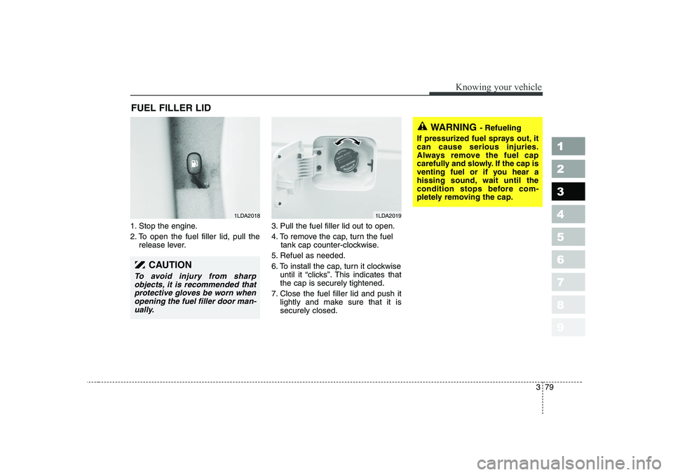 KIA CERATO 2006  Owners Manual 379
1 23456789
Knowing your vehicle
1. Stop the engine. 
2. To open the fuel filler lid, pull therelease lever. 3. Pull the fuel filler lid out to open.
4. To remove the cap, turn the fuel
tank cap co